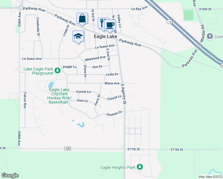 map of restaurants, bars, coffee shops, grocery stores, and more near 213 Hunters Court in Eagle Lake