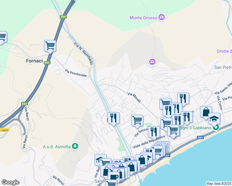 map of restaurants, bars, coffee shops, grocery stores, and more near Via Caltavituro in Pietra Ligure