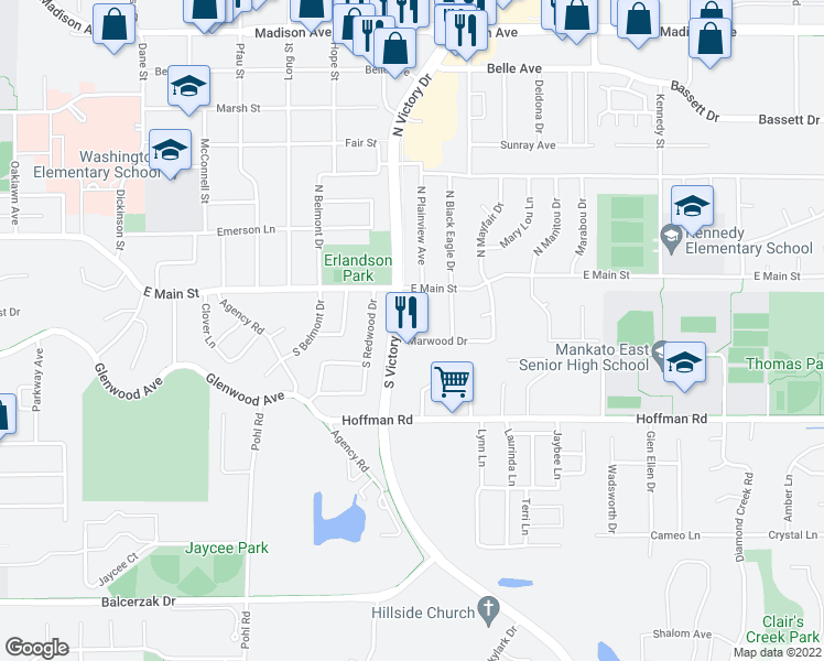 map of restaurants, bars, coffee shops, grocery stores, and more near 114 S Plainview Ave in Mankato