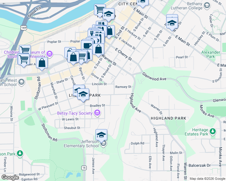 map of restaurants, bars, coffee shops, grocery stores, and more near 236 East Pleasant Street in Mankato