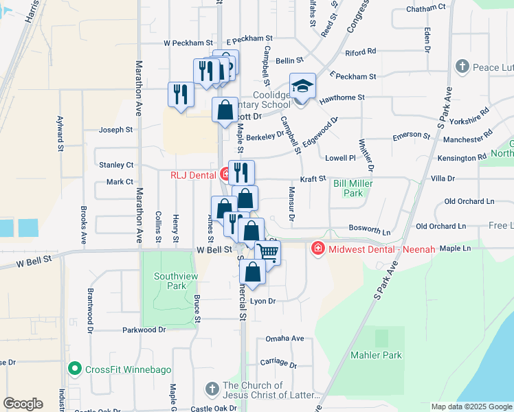 map of restaurants, bars, coffee shops, grocery stores, and more near 203 Whitenack Court in Neenah