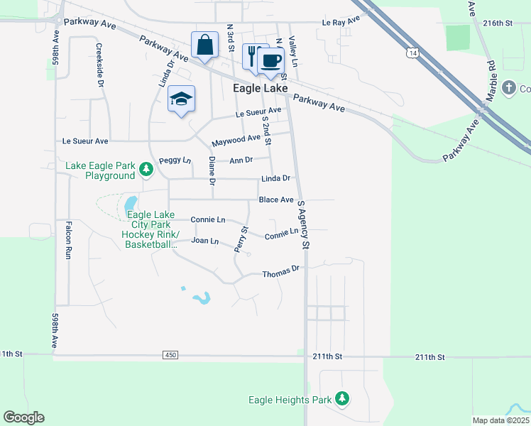 map of restaurants, bars, coffee shops, grocery stores, and more near 213 Hunters Court in Eagle Lake