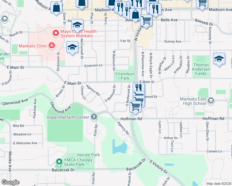 map of restaurants, bars, coffee shops, grocery stores, and more near 140 Atwood Drive in Mankato