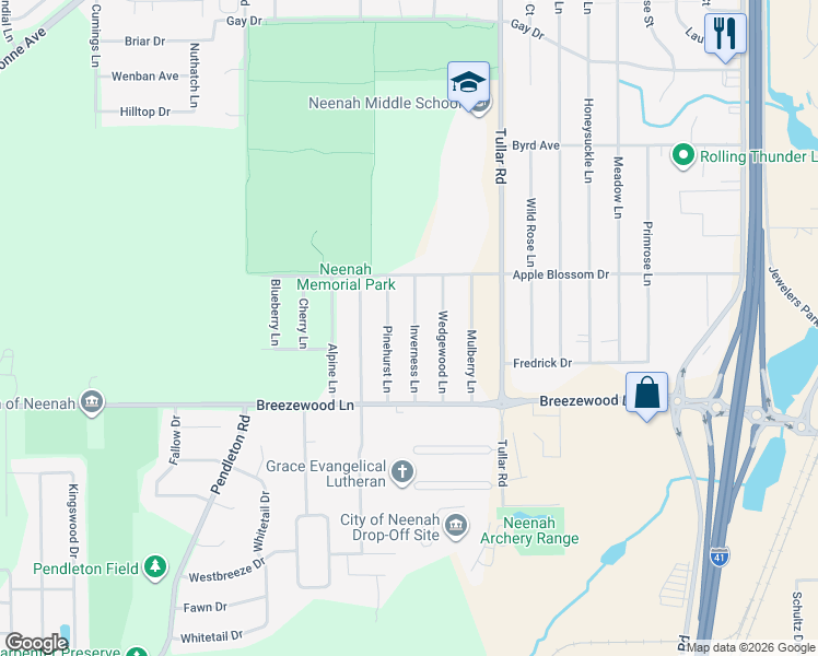 map of restaurants, bars, coffee shops, grocery stores, and more near 1341 Inverness Lane in Neenah