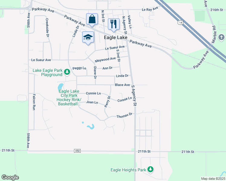 map of restaurants, bars, coffee shops, grocery stores, and more near 203 Perry Street in Eagle Lake