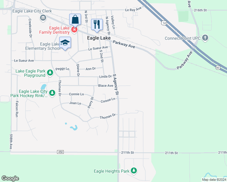 map of restaurants, bars, coffee shops, grocery stores, and more near 504 South Agency Street in Eagle Lake