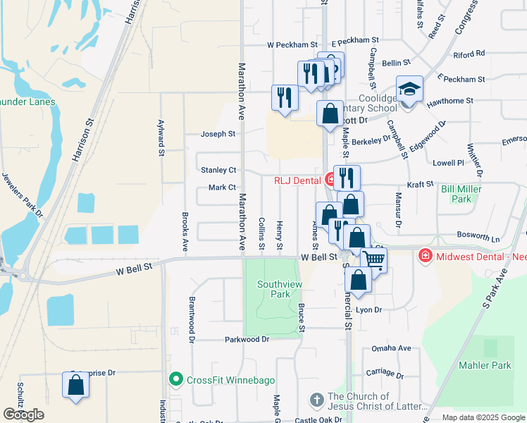 map of restaurants, bars, coffee shops, grocery stores, and more near 1536 Collins Street in Neenah