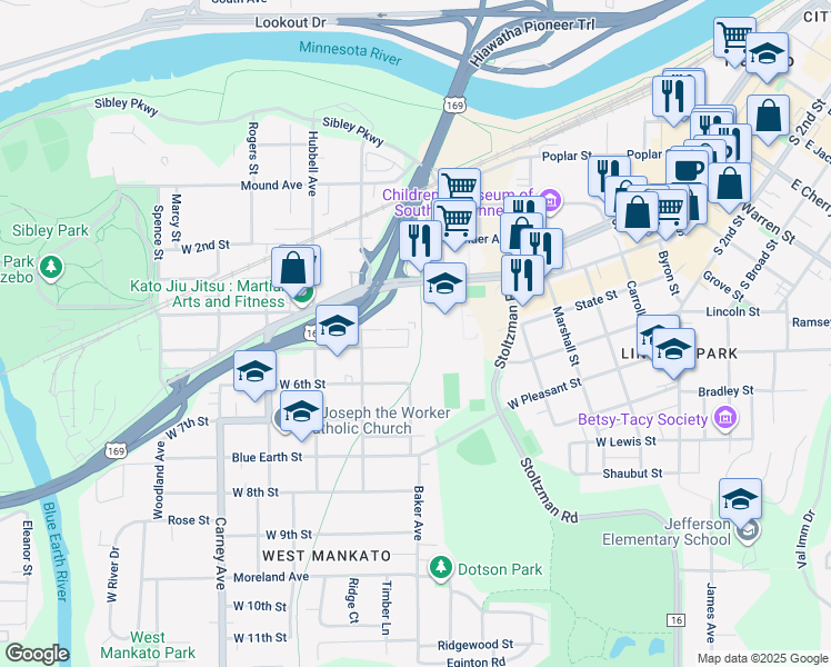 map of restaurants, bars, coffee shops, grocery stores, and more near 511 Winona Street in Mankato