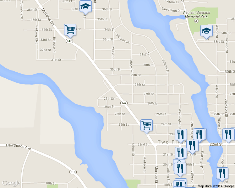 map of restaurants, bars, coffee shops, grocery stores, and more near 2706 Forest Avenue in Two Rivers