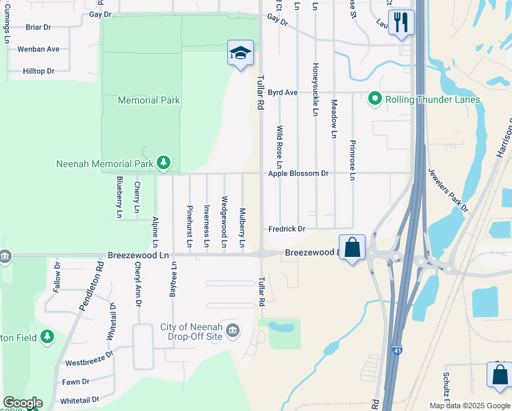 map of restaurants, bars, coffee shops, grocery stores, and more near 1337 Tullar Road in Neenah