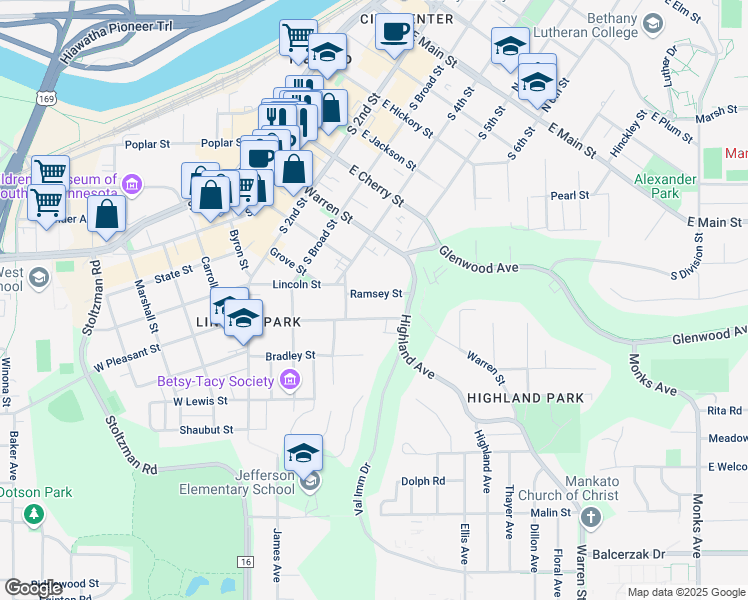 map of restaurants, bars, coffee shops, grocery stores, and more near 300 Ramsey Street in Mankato