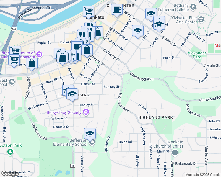 map of restaurants, bars, coffee shops, grocery stores, and more near 300 Ramsey Street in Mankato