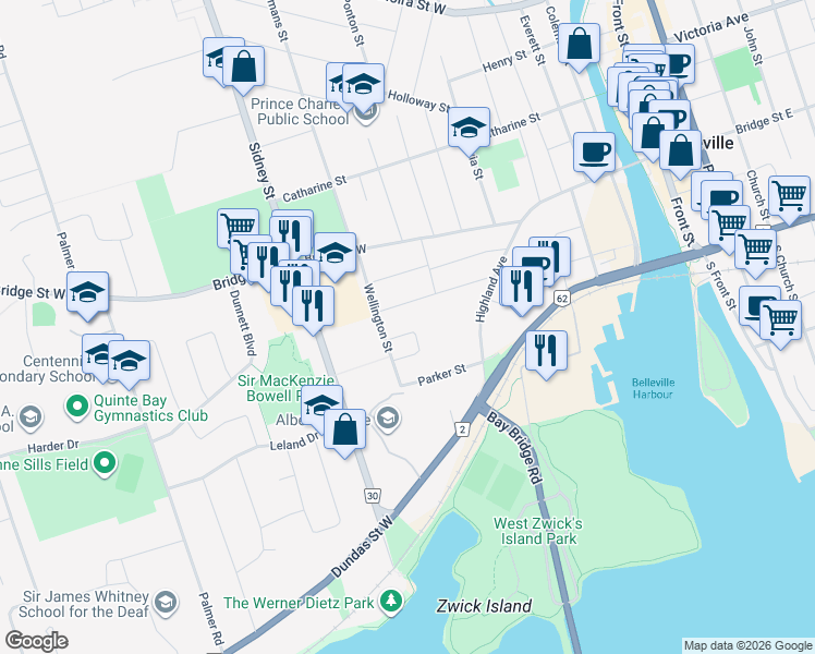 map of restaurants, bars, coffee shops, grocery stores, and more near 20 Wellington Crescent in Belleville
