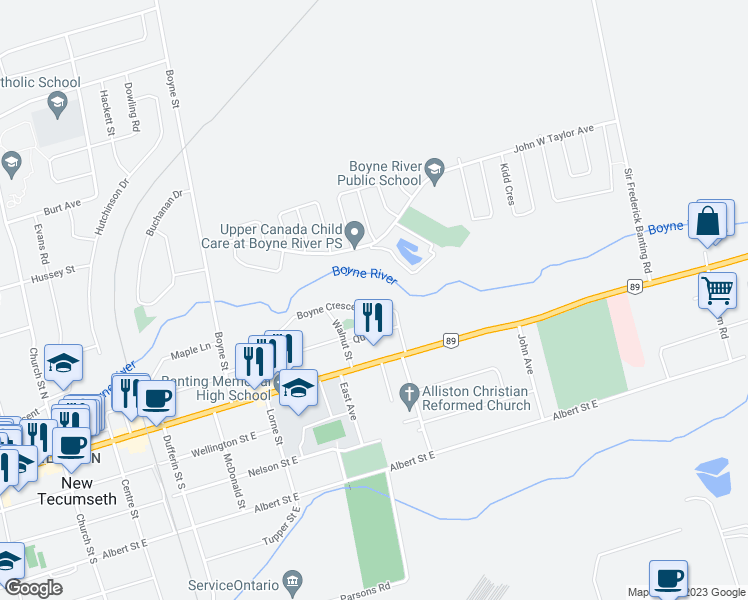 map of restaurants, bars, coffee shops, grocery stores, and more near 104 Boyne Crescent in New Tecumseth