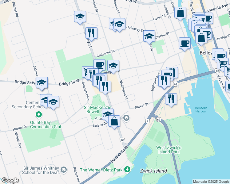 map of restaurants, bars, coffee shops, grocery stores, and more near 99 Sidney Street in Belleville