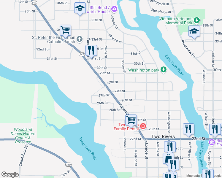map of restaurants, bars, coffee shops, grocery stores, and more near 2706 Forest Avenue in Two Rivers