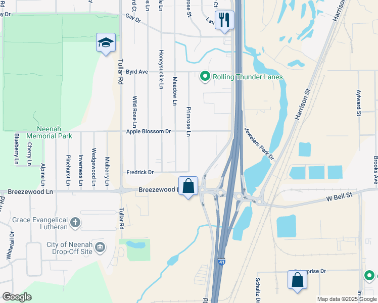 map of restaurants, bars, coffee shops, grocery stores, and more near 1339 Primrose Lane in Neenah