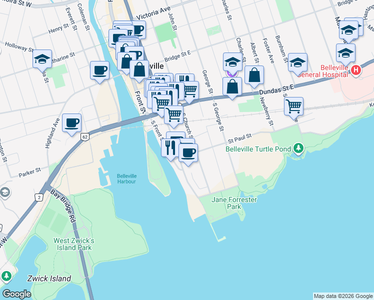 map of restaurants, bars, coffee shops, grocery stores, and more near 19 Saint Paul Street in Belleville