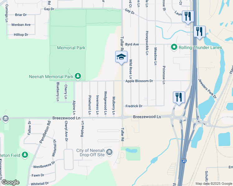 map of restaurants, bars, coffee shops, grocery stores, and more near 1337 Tullar Road in Neenah
