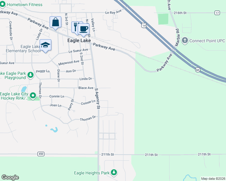 map of restaurants, bars, coffee shops, grocery stores, and more near 513 South Agency Street in Eagle Lake