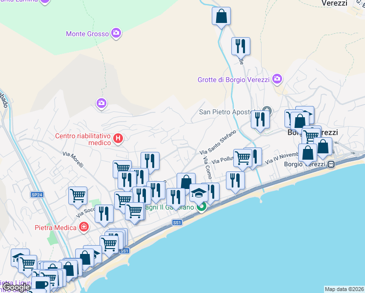 map of restaurants, bars, coffee shops, grocery stores, and more near 10 Via Novara in Pietra Ligure