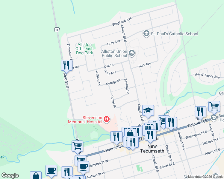 map of restaurants, bars, coffee shops, grocery stores, and more near 44 Elm Street in New Tecumseth