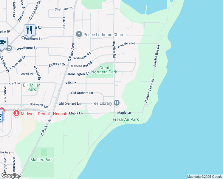 map of restaurants, bars, coffee shops, grocery stores, and more near 1010 Bayview Road in Neenah
