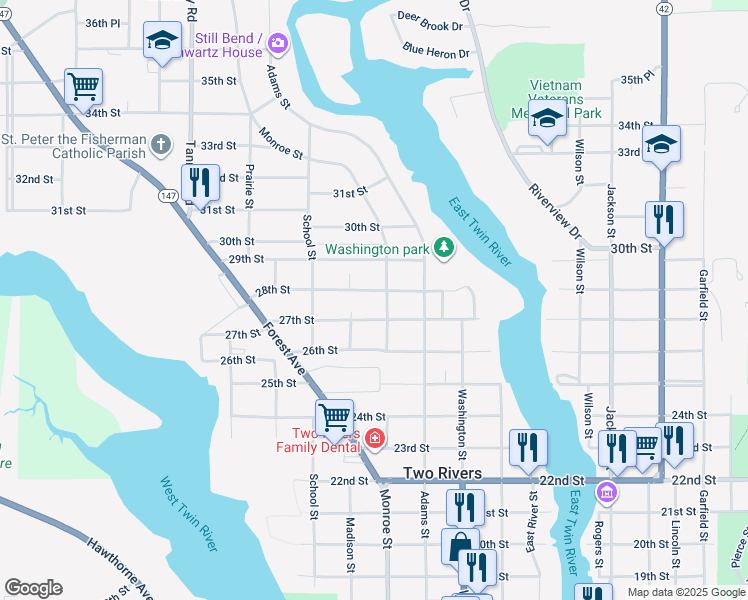 map of restaurants, bars, coffee shops, grocery stores, and more near 1623 27th Street in Two Rivers