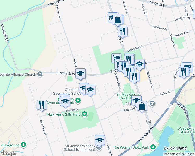 map of restaurants, bars, coffee shops, grocery stores, and more near 249 Bridge Street West in Belleville