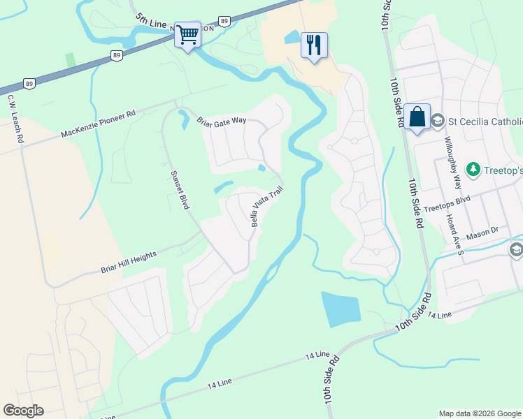 map of restaurants, bars, coffee shops, grocery stores, and more near 95 Bella Vista Trail in New Tecumseth