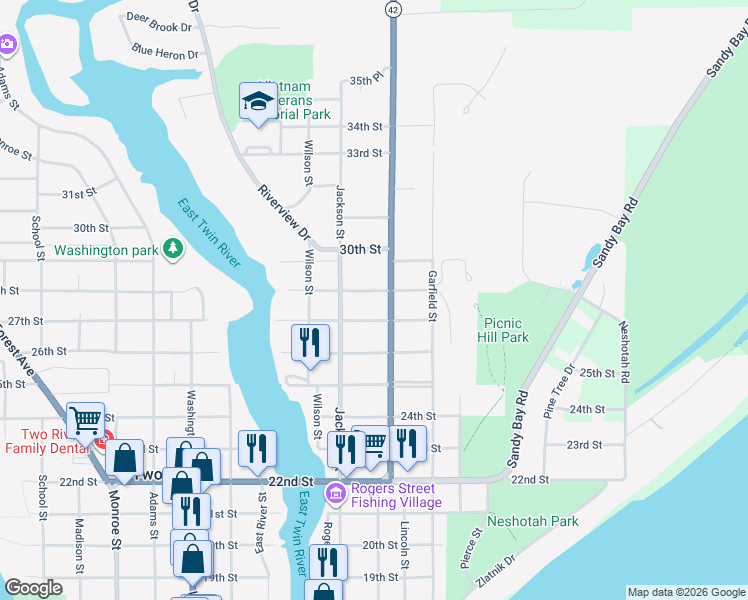 map of restaurants, bars, coffee shops, grocery stores, and more near 1020 28th Street in Two Rivers