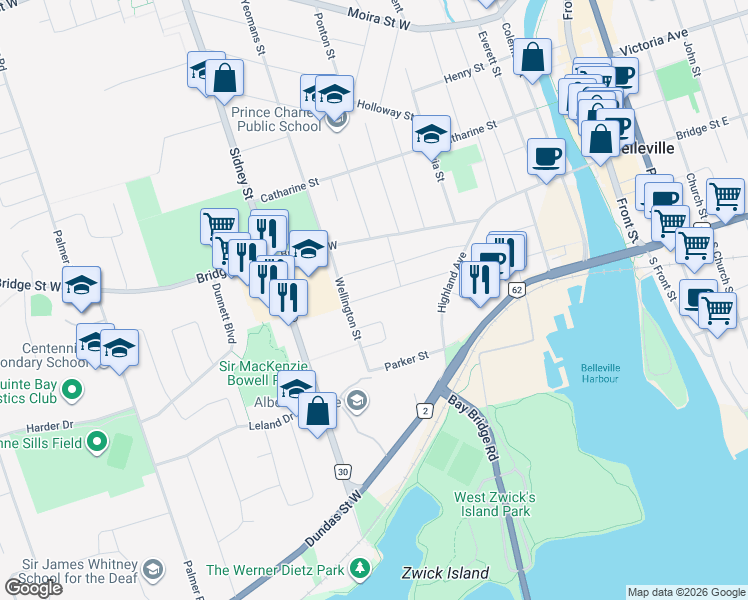 map of restaurants, bars, coffee shops, grocery stores, and more near 51 Charlotte Street in Belleville