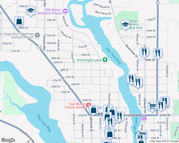 map of restaurants, bars, coffee shops, grocery stores, and more near 2813 Monroe Street in Two Rivers
