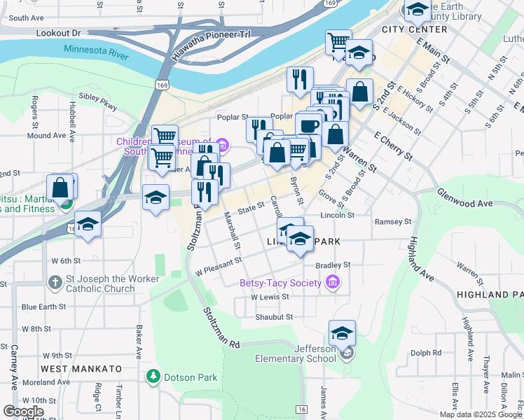 map of restaurants, bars, coffee shops, grocery stores, and more near 210 State Street in Mankato