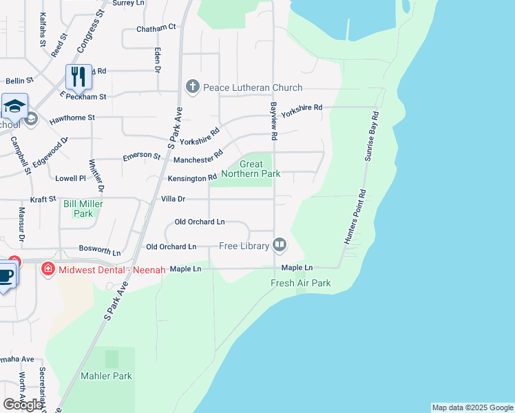 map of restaurants, bars, coffee shops, grocery stores, and more near 184 Villa Drive in Neenah