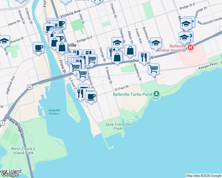 map of restaurants, bars, coffee shops, grocery stores, and more near 84 South George Street in Belleville