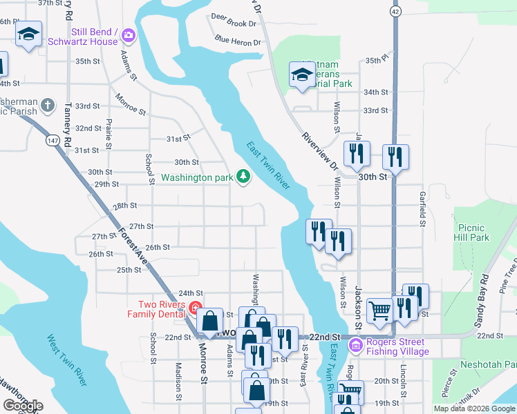 map of restaurants, bars, coffee shops, grocery stores, and more near 1500 Parkview Lane in Two Rivers