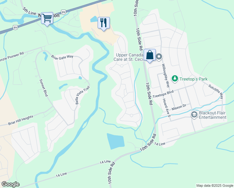 map of restaurants, bars, coffee shops, grocery stores, and more near 100 Riverview Road in New Tecumseth