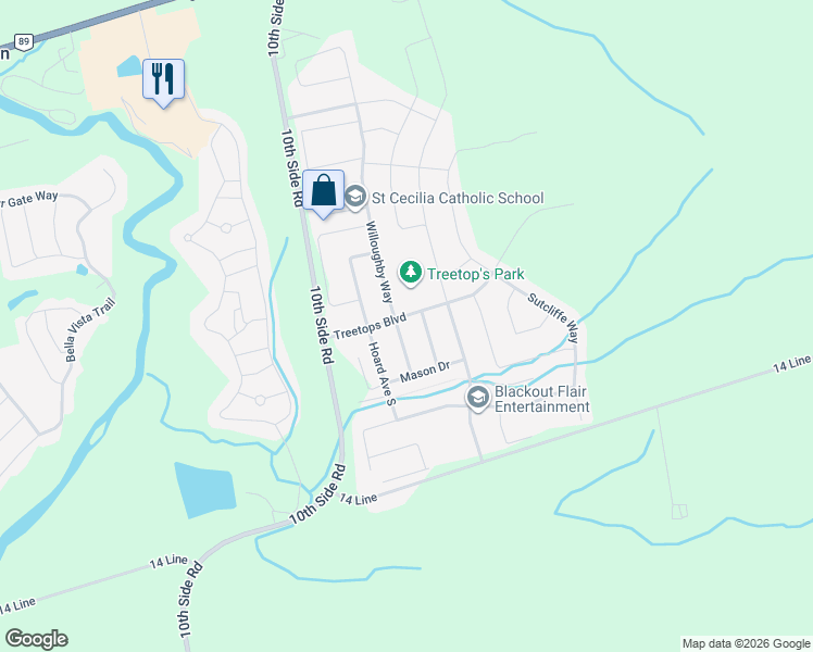 map of restaurants, bars, coffee shops, grocery stores, and more near 41 Treetops Boulevard in New Tecumseth
