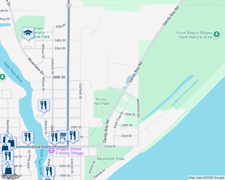 map of restaurants, bars, coffee shops, grocery stores, and more near 2816 Sandy Ridge Drive in Two Rivers