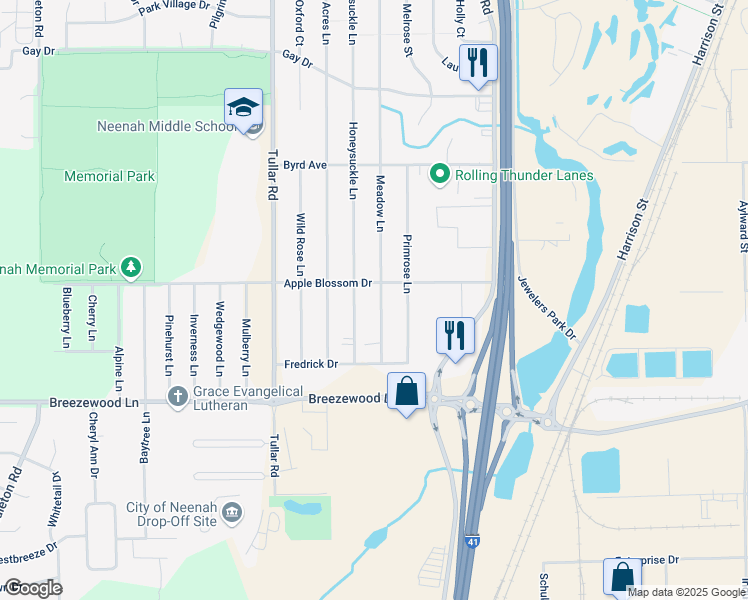 map of restaurants, bars, coffee shops, grocery stores, and more near 1004 Apple Blossom Drive in Neenah