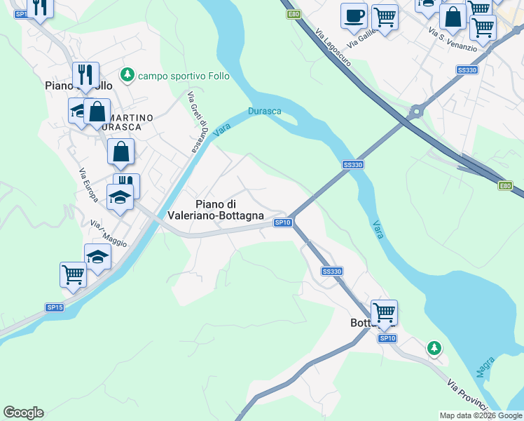 map of restaurants, bars, coffee shops, grocery stores, and more near 25 Via II Traversale in Piano di Valeriano-bottagna