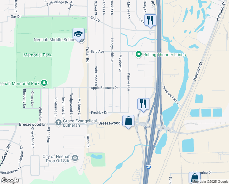 map of restaurants, bars, coffee shops, grocery stores, and more near 1007 Apple Blossom Drive in Neenah