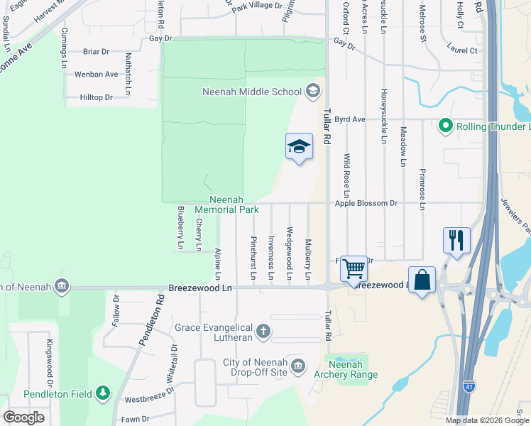 map of restaurants, bars, coffee shops, grocery stores, and more near 1132 Apple Blossom Drive in Neenah