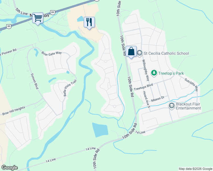 map of restaurants, bars, coffee shops, grocery stores, and more near 100 Riverview Road in New Tecumseth