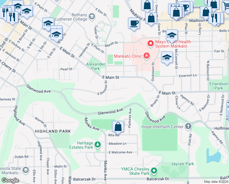 map of restaurants, bars, coffee shops, grocery stores, and more near 10 Roblen Court in Mankato