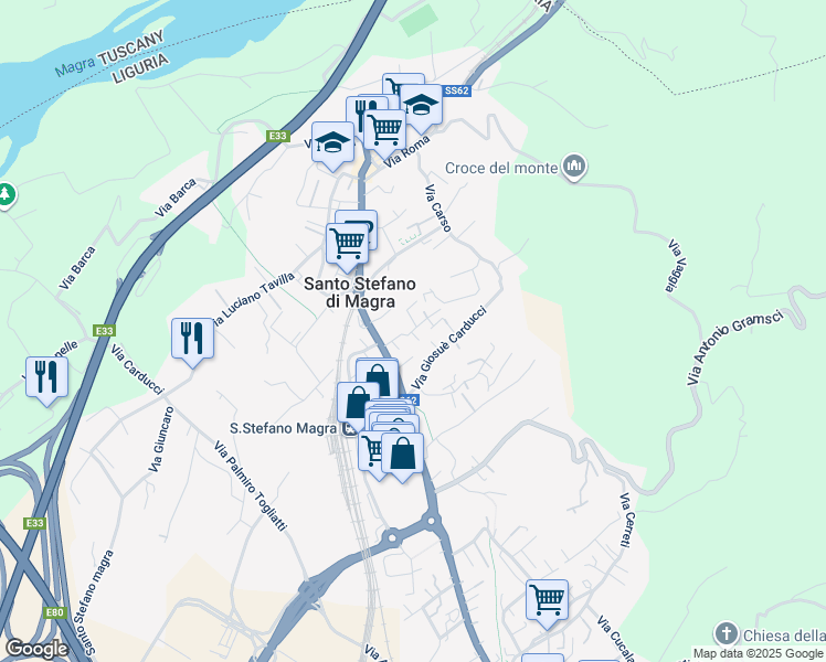 map of restaurants, bars, coffee shops, grocery stores, and more near 11 Via Ricciallo in Santo Stefano di Magra