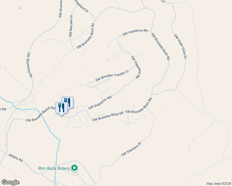 map of restaurants, bars, coffee shops, grocery stores, and more near 16570 South West Vaqueros Way in Powell Butte