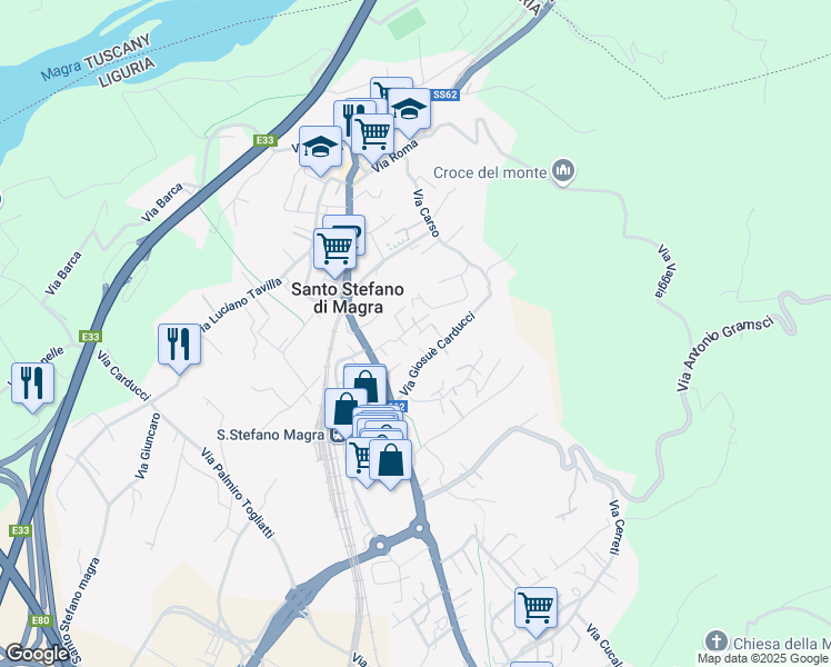 map of restaurants, bars, coffee shops, grocery stores, and more near 11 Via Ricciallo in Santo Stefano di Magra
