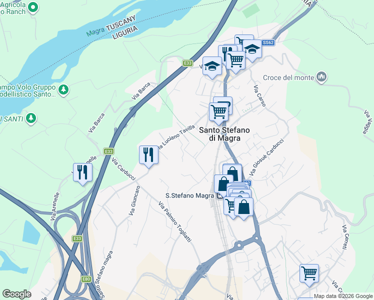 map of restaurants, bars, coffee shops, grocery stores, and more near 14 Via Pietro Nenni in Santo Stefano di Magra
